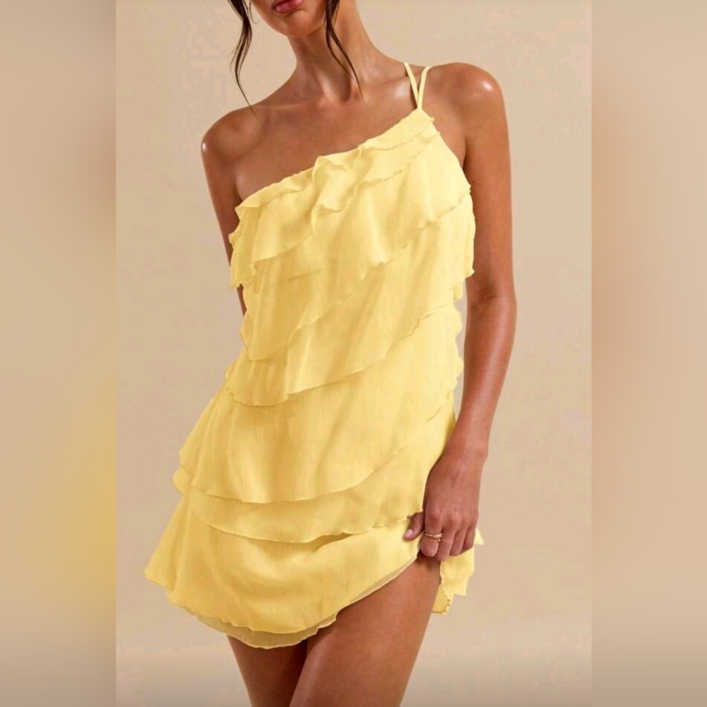 New Flirty Sheer Chiffon Layered Ruffle One Shoulder Mini Dress Yellow - Picture 3 of 9